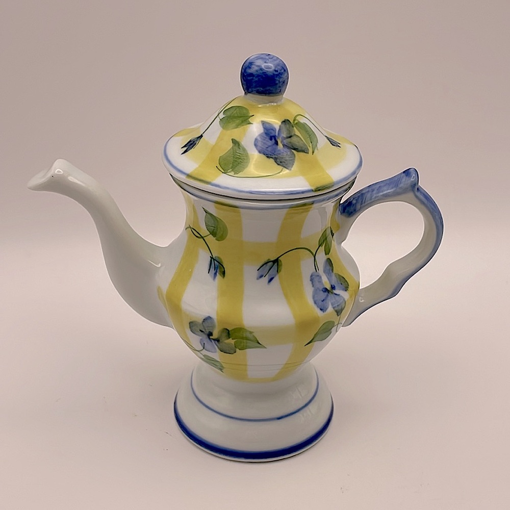 Andrea By Sadek, Tealight Holder, Ceramic Teapot, Blue Violets, Yellow Plaid, 5”